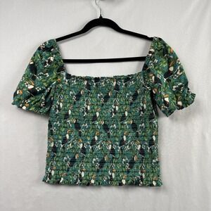 Dolan Left Coast Top Womens Medium Smocked Puff Sleeve Tropical Tucan Bird Green